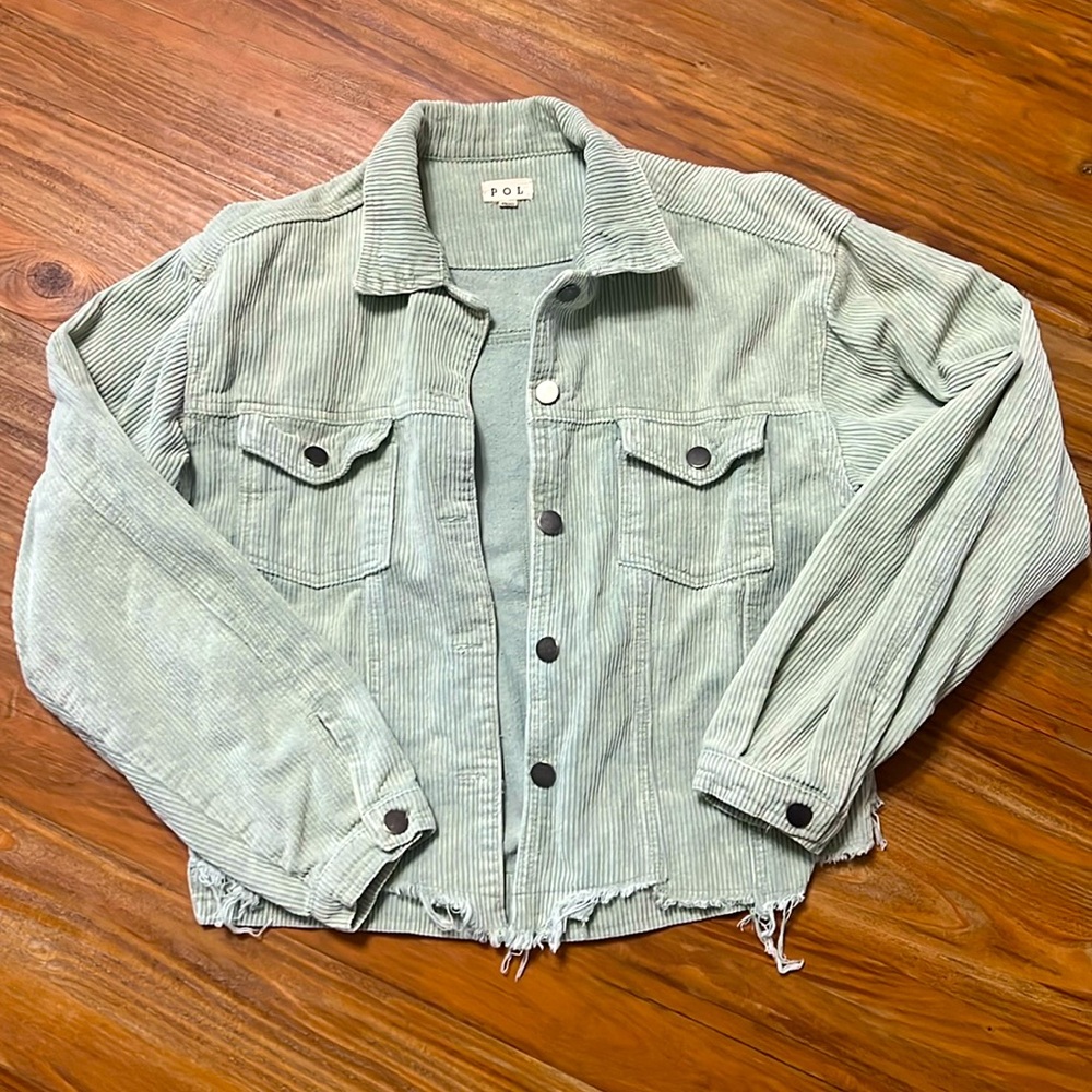 Light mint green distressed corduroy shacket